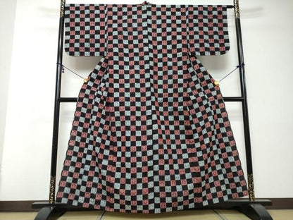 平和屋着物●久留米絣　単衣　市松文様　綿　逸品　DABI2356ud
