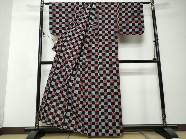 平和屋着物●久留米絣　単衣　市松文様　綿　逸品　DABI2356ud