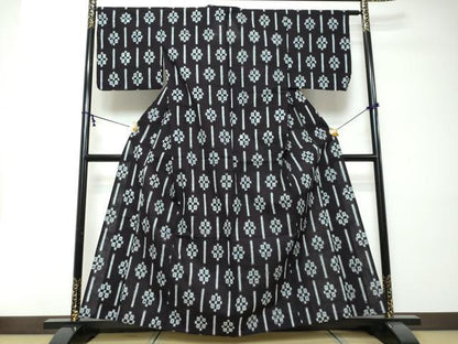 平和屋着物●久留米絣　単衣　幾何学間道　綿　逸品　DABI2362ud