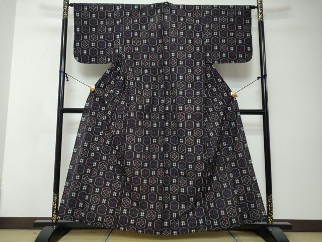 平和屋着物●久留米絣　単衣　亀甲花文　綿　逸品　DABI2364ud