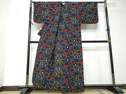 平和屋着物●久留米絣　単衣　花尽くし文　綿　逸品　DABI2365ud
