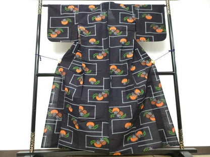 平和屋着物●久留米絣　単衣　柿　綿　逸品　DABI2366ud