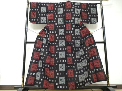 平和屋着物●久留米絣　単衣　格子花文　綿　逸品　DABI2367ud
