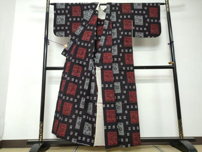 平和屋着物●久留米絣　単衣　格子花文　綿　逸品　DABI2367ud