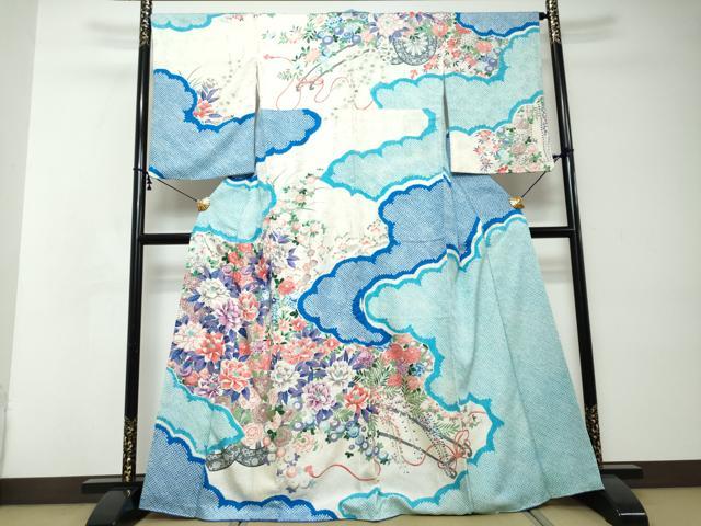 平和屋着物●訪問着　絞り　雲取花車文　銀彩　正絹　逸品　DABI2381ud