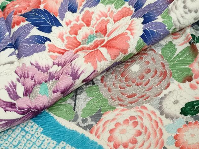 平和屋着物●訪問着　絞り　雲取花車文　銀彩　正絹　逸品　DABI2381ud