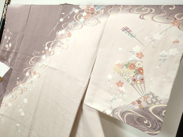 平和屋着物●訪問着　流水飛鶴扇面花文　暈し染め　正絹　逸品　未使用　DABI2387ud