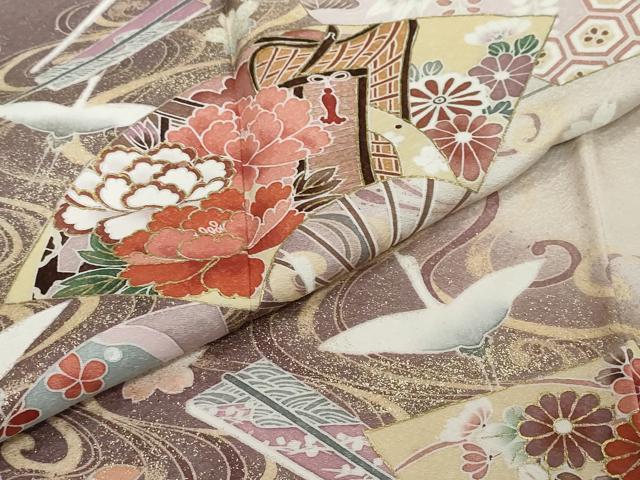 平和屋着物●訪問着　流水飛鶴扇面花文　暈し染め　正絹　逸品　未使用　DABI2387ud