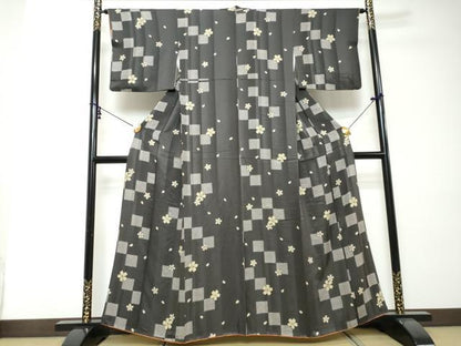 平和屋着物●上質な小紋　変わり格子舞桜文　金彩　正絹　逸品　DABI2390ud