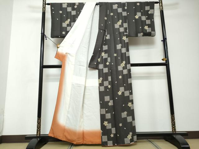 平和屋着物●上質な小紋　変わり格子舞桜文　金彩　正絹　逸品　DABI2390ud