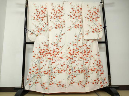 平和屋着物●小振袖　二尺袖　手描き　枝梅文　正絹　逸品　DABI2391ud