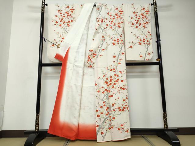 平和屋着物●小振袖　二尺袖　手描き　枝梅文　正絹　逸品　DABI2391ud