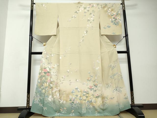 平和屋着物●十日町友禅作家　松雨　訪問着　草花文　暈し染め　金銀彩　正絹　逸品　DABI2393ud