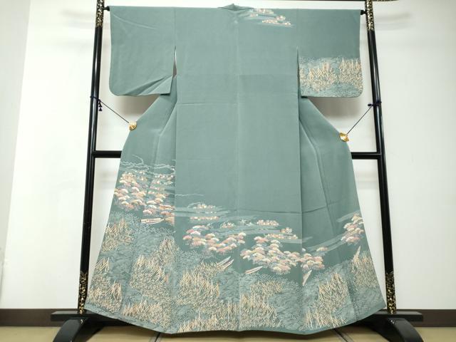 平和屋着物●訪問着　流水小舟草花文　金彩　鬼しぼ縮緬　正絹　逸品　DABI2399ud