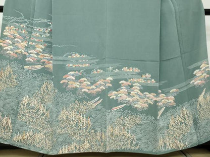 平和屋着物●訪問着　流水小舟草花文　金彩　鬼しぼ縮緬　正絹　逸品　DABI2399ud