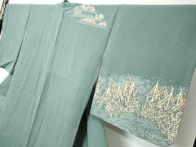 平和屋着物●訪問着　流水小舟草花文　金彩　鬼しぼ縮緬　正絹　逸品　DABI2399ud