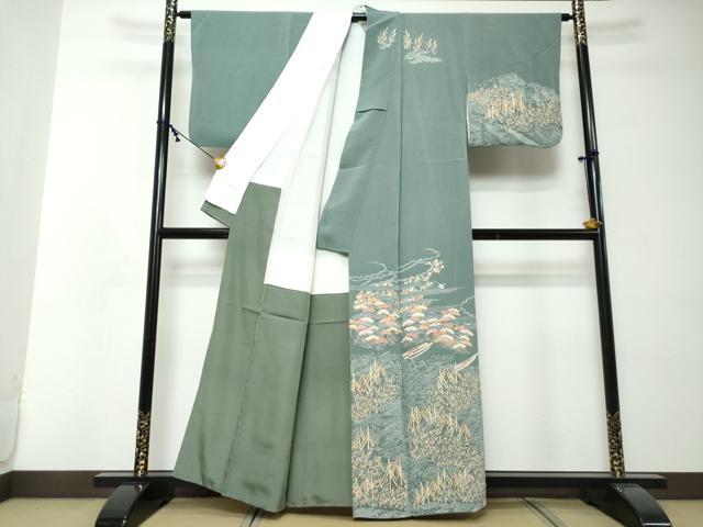 平和屋着物●訪問着　流水小舟草花文　金彩　鬼しぼ縮緬　正絹　逸品　DABI2399ud