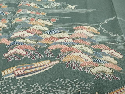 平和屋着物●訪問着　流水小舟草花文　金彩　鬼しぼ縮緬　正絹　逸品　DABI2399ud