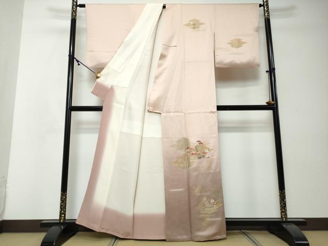 平和屋着物●訪問着　刺繍　松皮菱草花文　暈し染め　金銀彩　正絹　逸品　DABI2400ud