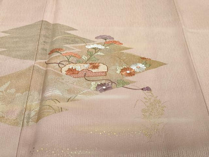 平和屋着物●訪問着　刺繍　松皮菱草花文　暈し染め　金銀彩　正絹　逸品　DABI2400ud