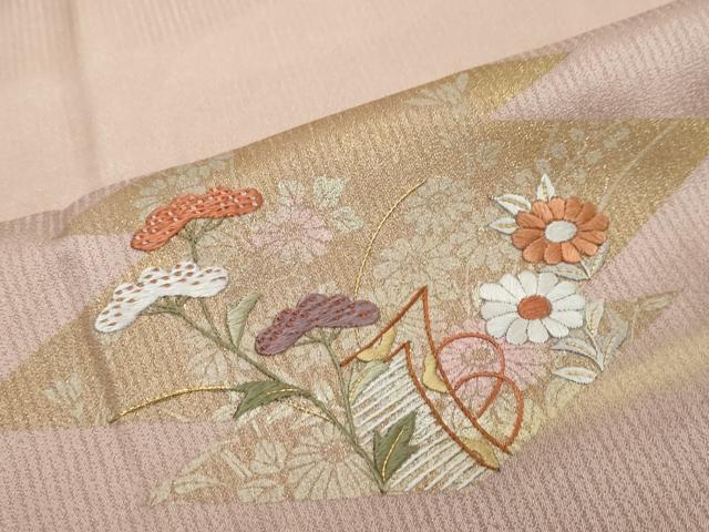 平和屋着物●訪問着　刺繍　松皮菱草花文　暈し染め　金銀彩　正絹　逸品　DABI2400ud