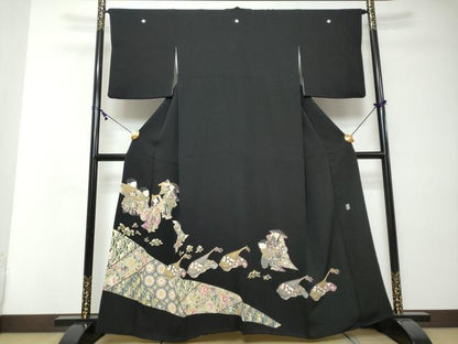 平和屋着物●豪華黒留袖　友禅　作家物　女人楽器花文　正絹　逸品　DABI2401ud