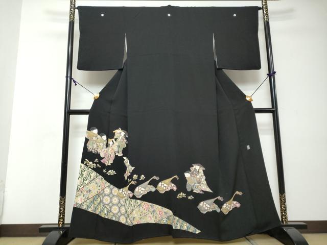 平和屋着物●豪華黒留袖　友禅　作家物　女人楽器花文　正絹　逸品　DABI2401ud