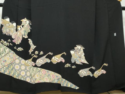 平和屋着物●豪華黒留袖　友禅　作家物　女人楽器花文　正絹　逸品　DABI2401ud