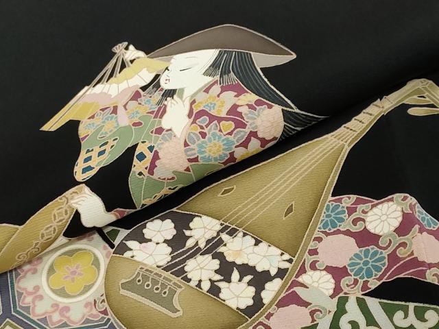 平和屋着物●豪華黒留袖　友禅　作家物　女人楽器花文　正絹　逸品　DABI2401ud