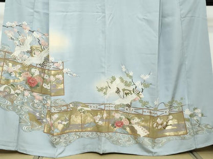 平和屋着物●豪華色留袖　駒刺繍　地紙飛鶴草花文　暈し染め　金彩　正絹　逸品　DABI2411ud