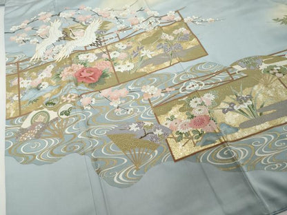 平和屋着物●豪華色留袖　駒刺繍　地紙飛鶴草花文　暈し染め　金彩　正絹　逸品　DABI2411ud