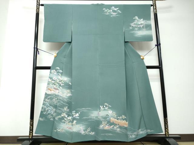 平和屋着物●訪問着　友禅　流水渡橋風景文　暈し染め　正絹　逸品　DABI2428ud