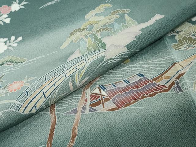 平和屋着物●訪問着　友禅　流水渡橋風景文　暈し染め　正絹　逸品　DABI2428ud