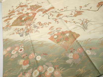 平和屋着物●訪問着　駒刺繍　扇面草花文　暈し染め　金彩　東武百貨店扱い　正絹　逸品　DABI2442ud