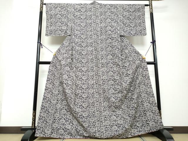 平和屋着物●上質な小紋　紬地　型染め　更紗花唐草文　正絹　逸品　DABI2445ud