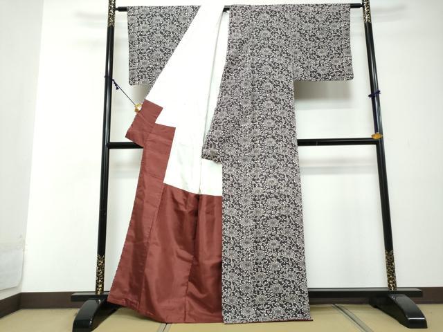 平和屋着物●上質な小紋　紬地　型染め　更紗花唐草文　正絹　逸品　DABI2445ud
