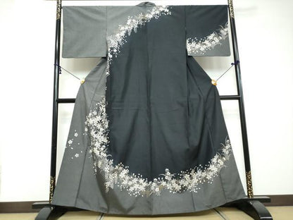平和屋着物●訪問着　紬地　草花文　金彩　正絹　逸品　DABI2450ud