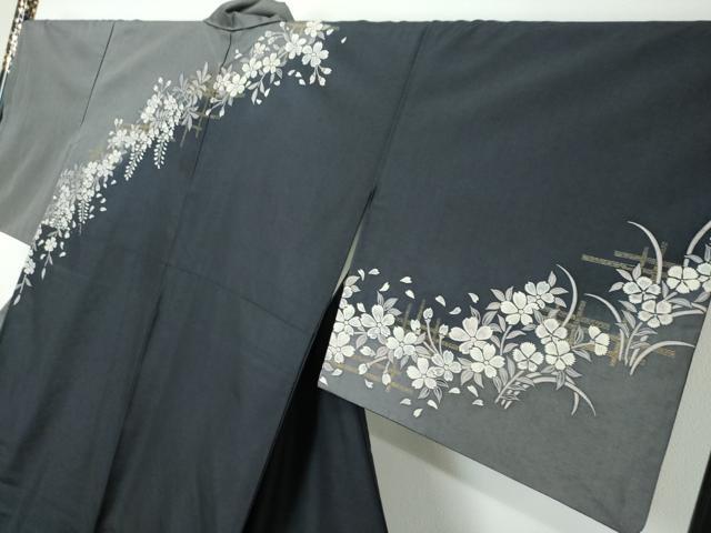平和屋着物●訪問着　紬地　草花文　金彩　正絹　逸品　DABI2450ud