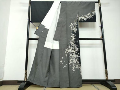 平和屋着物●訪問着　紬地　草花文　金彩　正絹　逸品　DABI2450ud