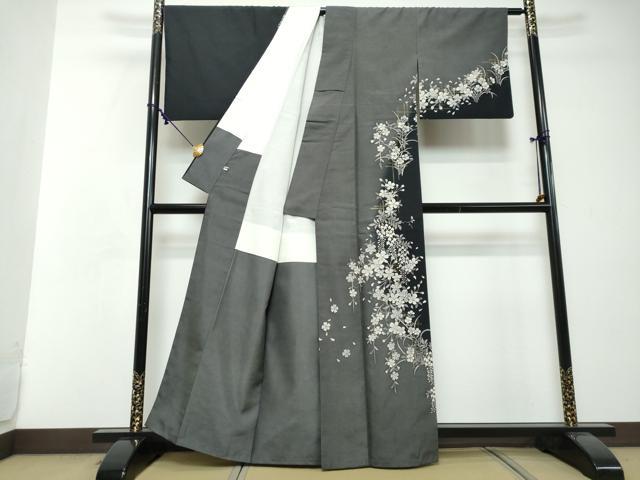 平和屋着物●訪問着　紬地　草花文　金彩　正絹　逸品　DABI2450ud