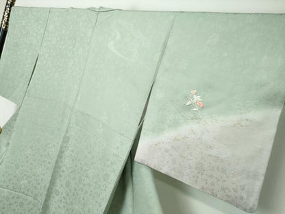 平和屋着物●訪問着　刺繍　流水草花文　暈し染め　金彩　正絹　逸品　DABI2461ud