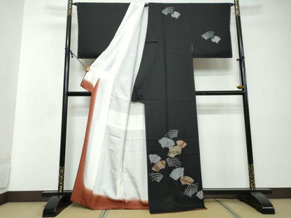 平和屋着物●訪問着　絞り　刺繍　地紙草花文　黒地　金彩　正絹　逸品　未使用　DABI2462ud