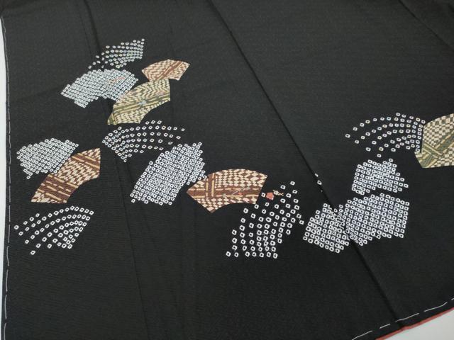 平和屋着物●訪問着　絞り　刺繍　地紙草花文　黒地　金彩　正絹　逸品　未使用　DABI2462ud