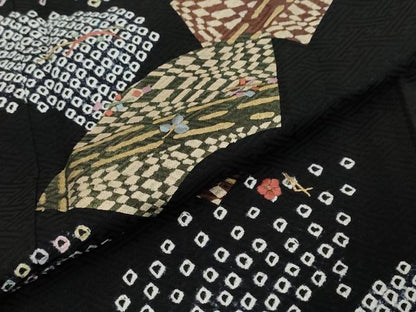 平和屋着物●訪問着　絞り　刺繍　地紙草花文　黒地　金彩　正絹　逸品　未使用　DABI2462ud
