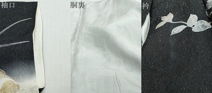 平和屋着物●訪問着　草花文　暈し染め　黒地　金銀彩　銀通し地　正絹　逸品　DABI2467ud