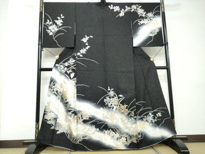 平和屋着物●訪問着　草花文　暈し染め　黒地　金銀彩　銀通し地　正絹　逸品　DABI2467ud