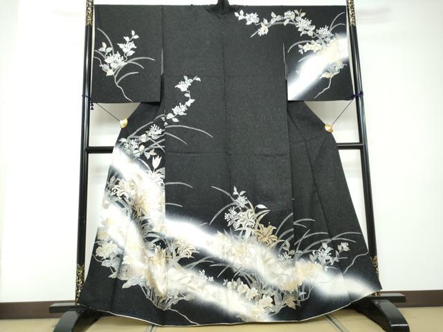 平和屋着物●訪問着　草花文　暈し染め　黒地　金銀彩　銀通し地　正絹　逸品　DABI2467ud