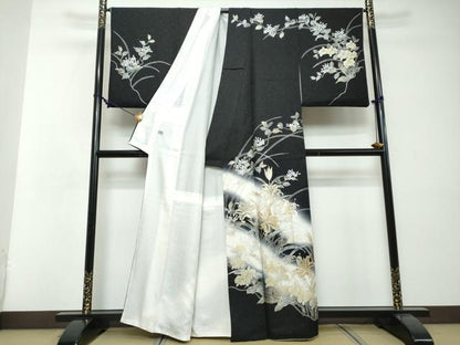 平和屋着物●訪問着　草花文　暈し染め　黒地　金銀彩　銀通し地　正絹　逸品　DABI2467ud