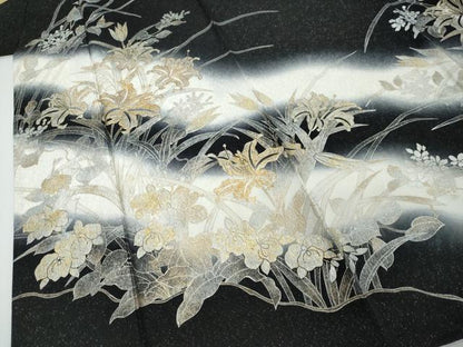 平和屋着物●訪問着　草花文　暈し染め　黒地　金銀彩　銀通し地　正絹　逸品　DABI2467ud
