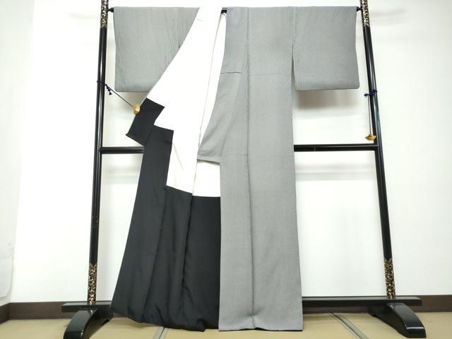 平和屋着物○江戸小紋 万筋 黒色×白色 正絹 逸品 DABI2468ud